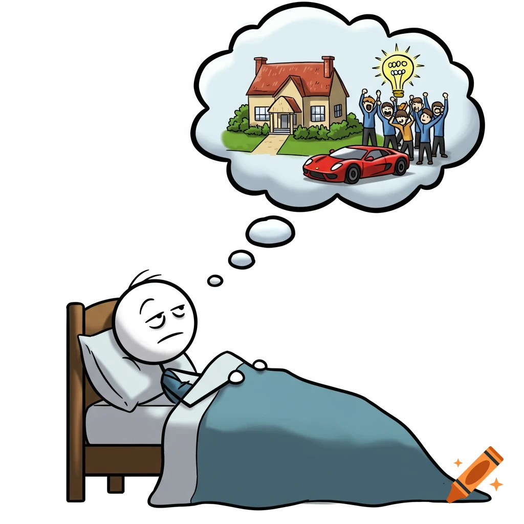 Cartoon of a stick figure in bed dreaming of a house, sports car, cheering crowd, and an idea lightbulb.