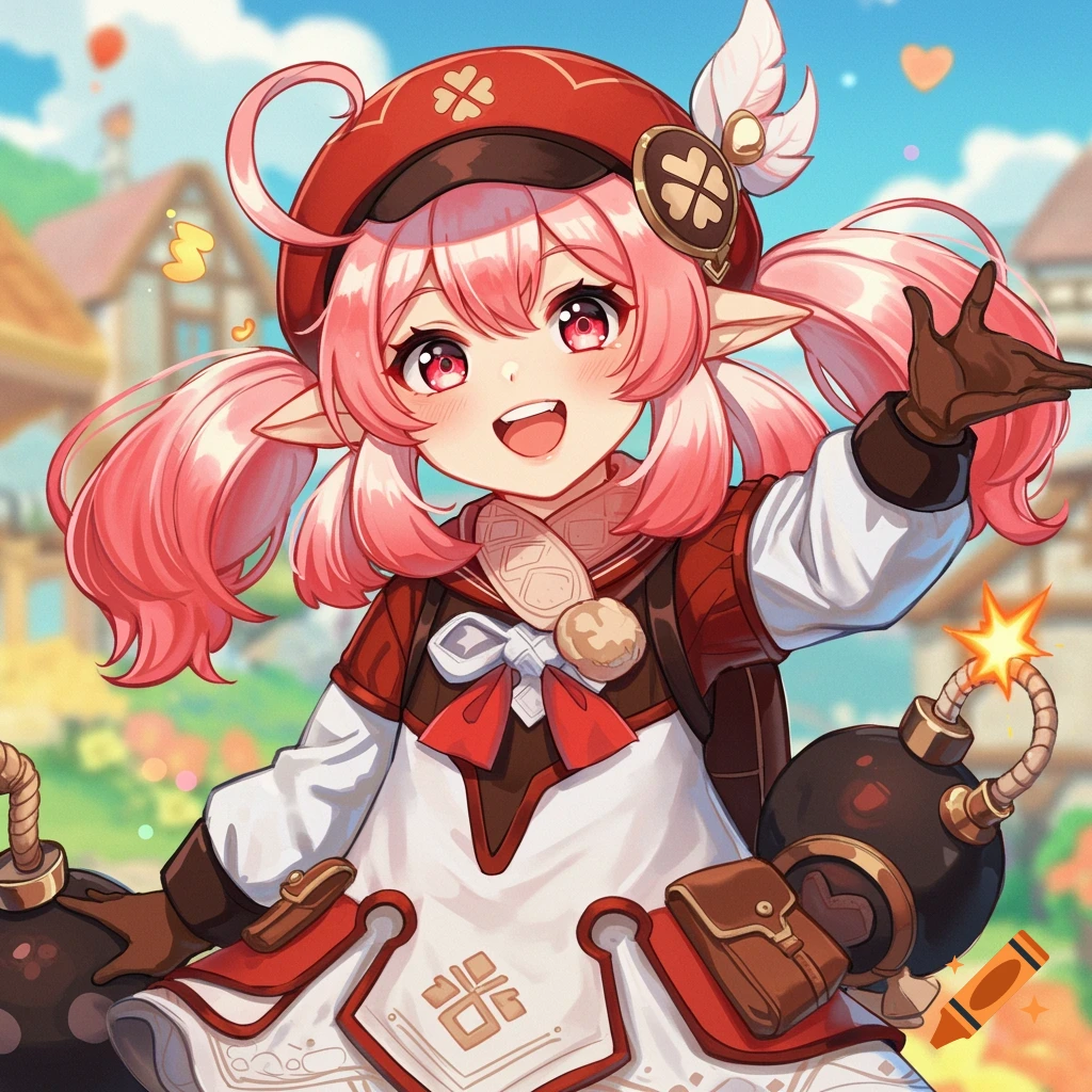 An anime girl with pink pigtails, red hat, and red and white dress holds a bomb with a cheerful expression in a cartoon town.
