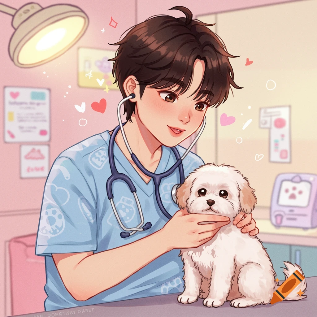 Anime illustration of a young vet examining a fluffy white puppy with a stethoscope.