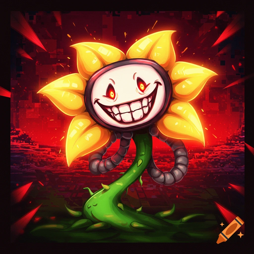 The menacing character Photoshop Flowey from Undertale is depicted, a yellow flower with a wide grin, red eyes, and robotic vines, against a red background.