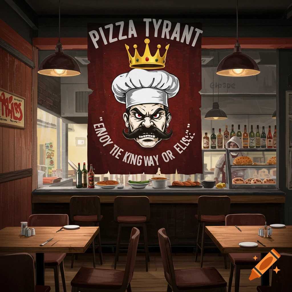 The interior of a restaurant featuring a banner with an angry chef logo and 'Pizza Tyrant' text.