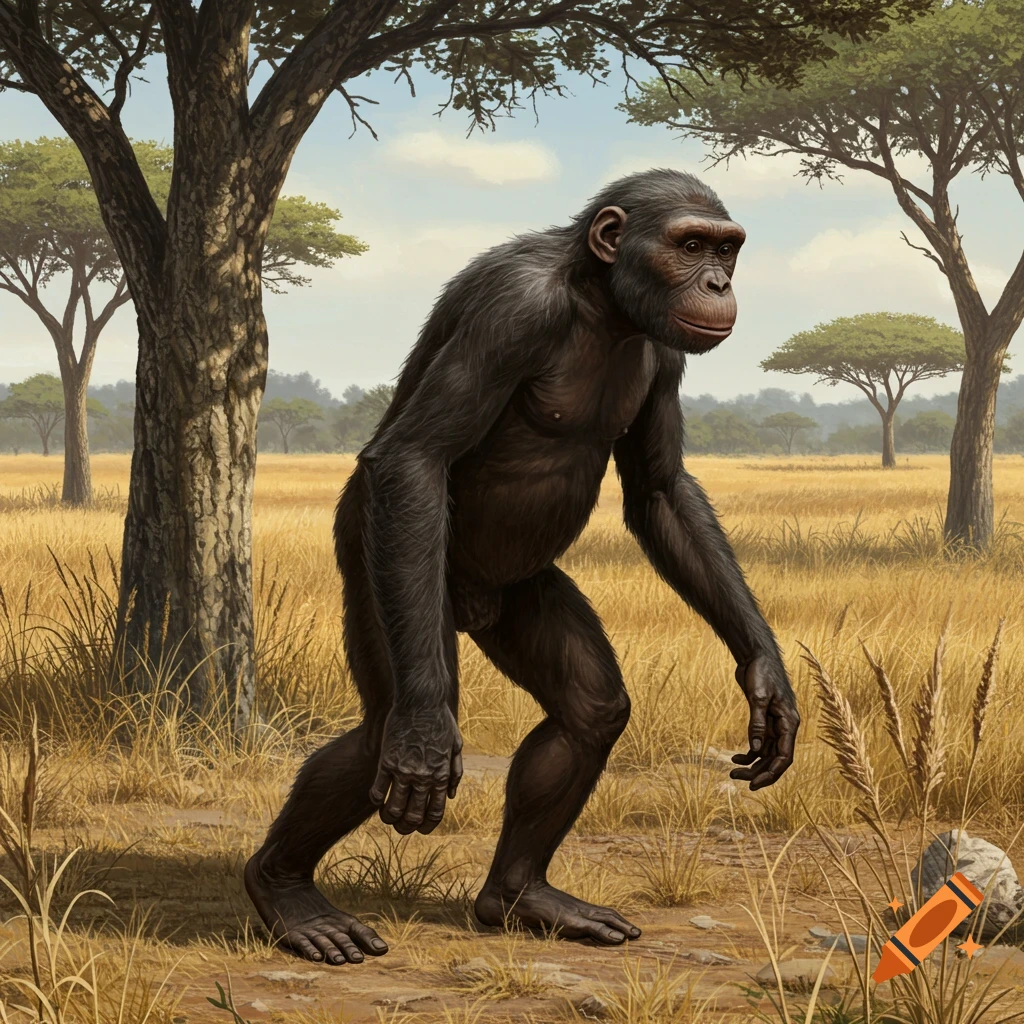 An Australopithecus walks through a sunny savanna landscape with trees and tall grass.