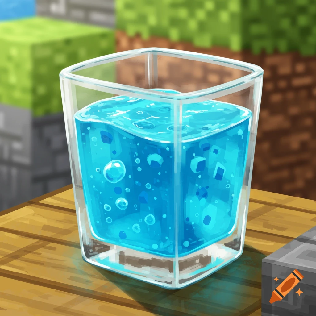 A glass of blue liquid in a Minecraft-style world.