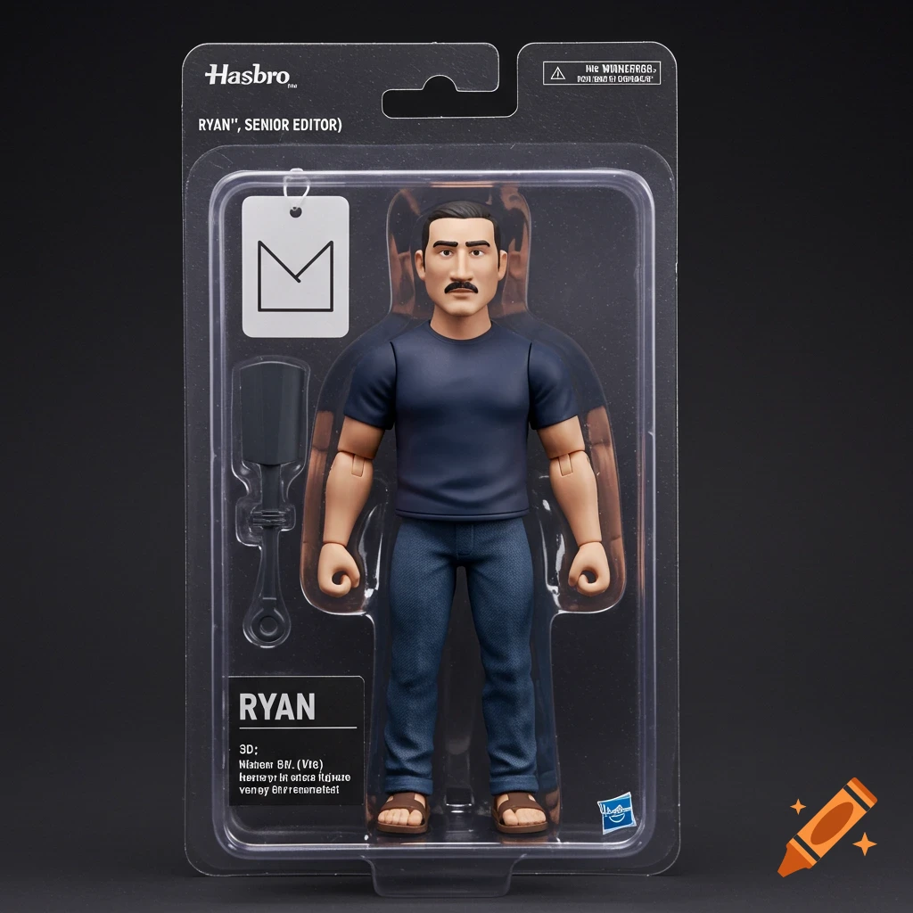 Photorealistic action figure of a man in a blue shirt and jeans in Hasbro packaging.