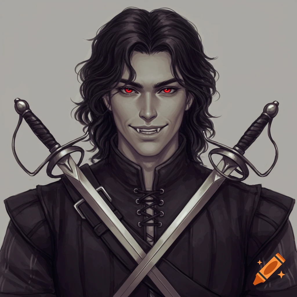 Portrait of a male fantasy character with red eyes and fangs, with two rapiers crossed.