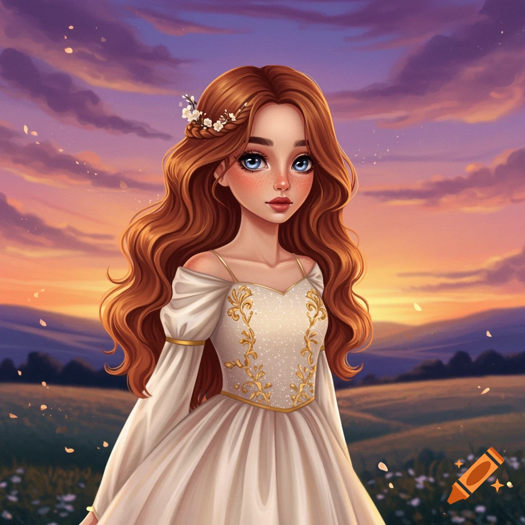 A young woman with long red hair stands in a white dress before a sunset landscape.