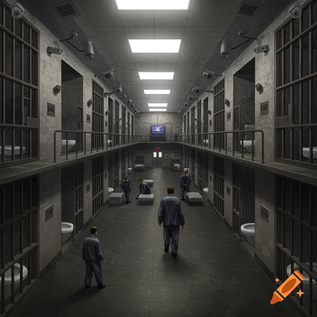 A multi-level prison hallway with cells, prisoners, and surveillance cameras.