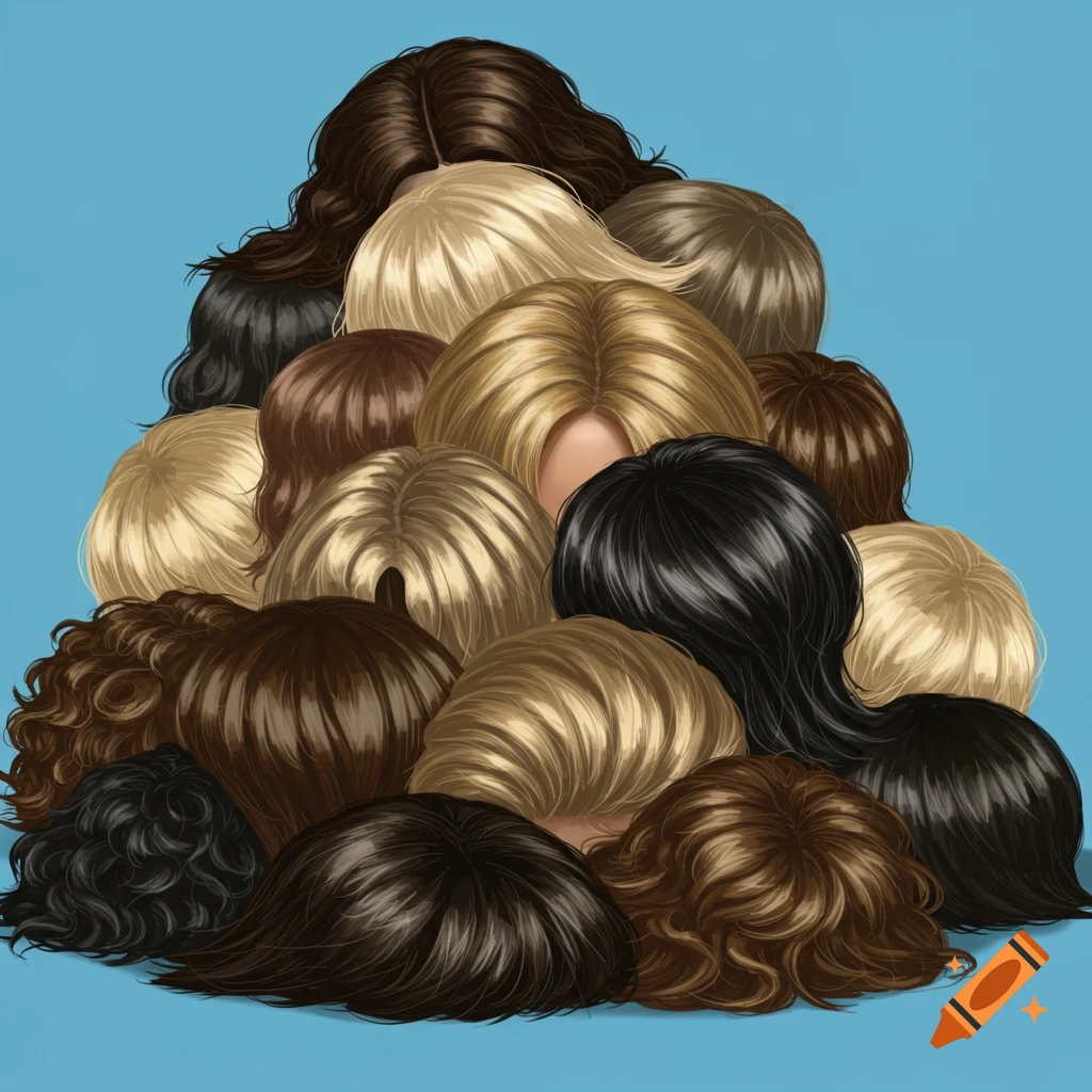 A large pile of brown, black, and blonde toupees against a blue background.