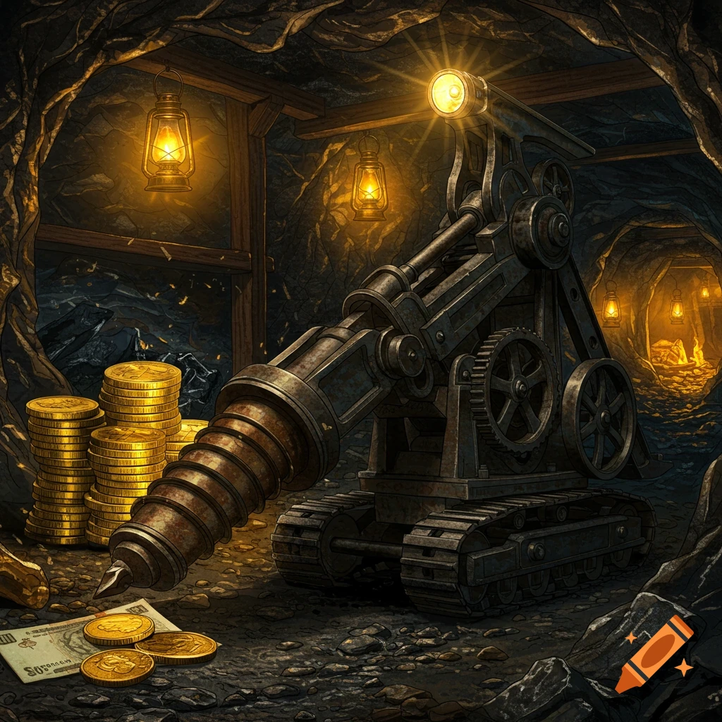 A mining drill sits in a cave with gold coins and banknotes scattered on the ground, illuminated by lanterns.