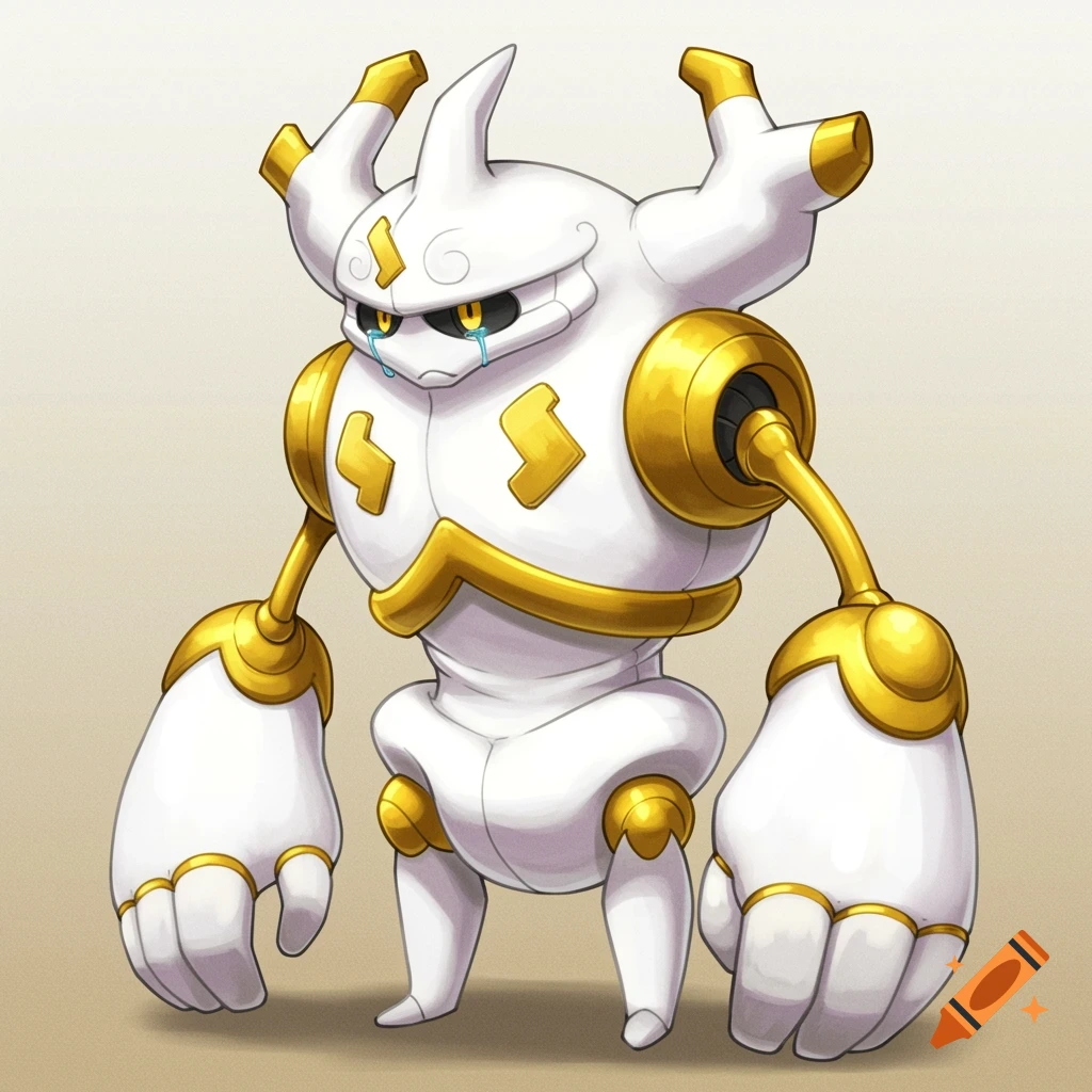 A white Golurk Pokemon with gold accents, looking sorrowful.