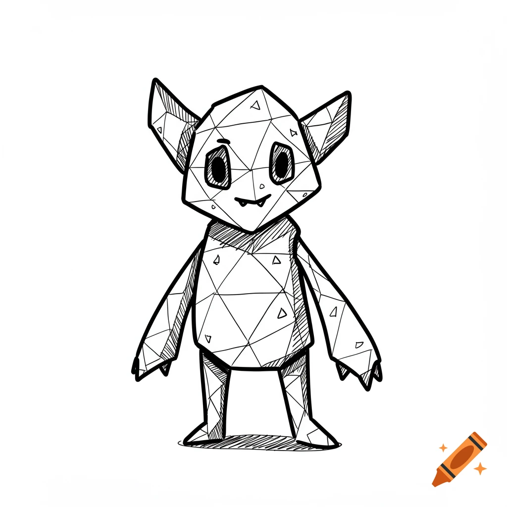 Black and white hand sketch of a cartoon creature made of geometric triangles.