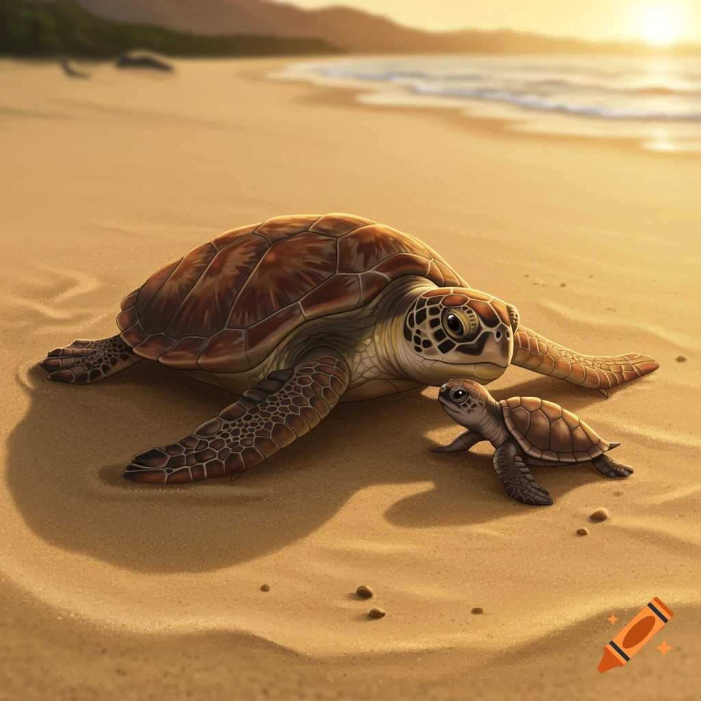A mother and baby sea turtle on a sandy beach at sunset.