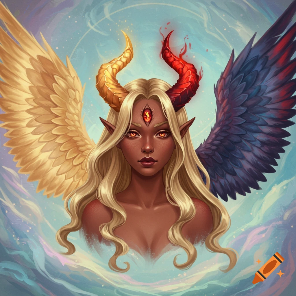 A fantasy character with horns, a third eye, and gold and dark wings.