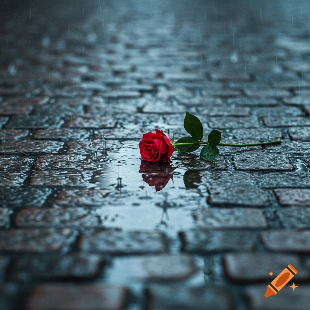 A single red rose lies on a wet cobblestone path, reflected in a puddle during a rain shower.