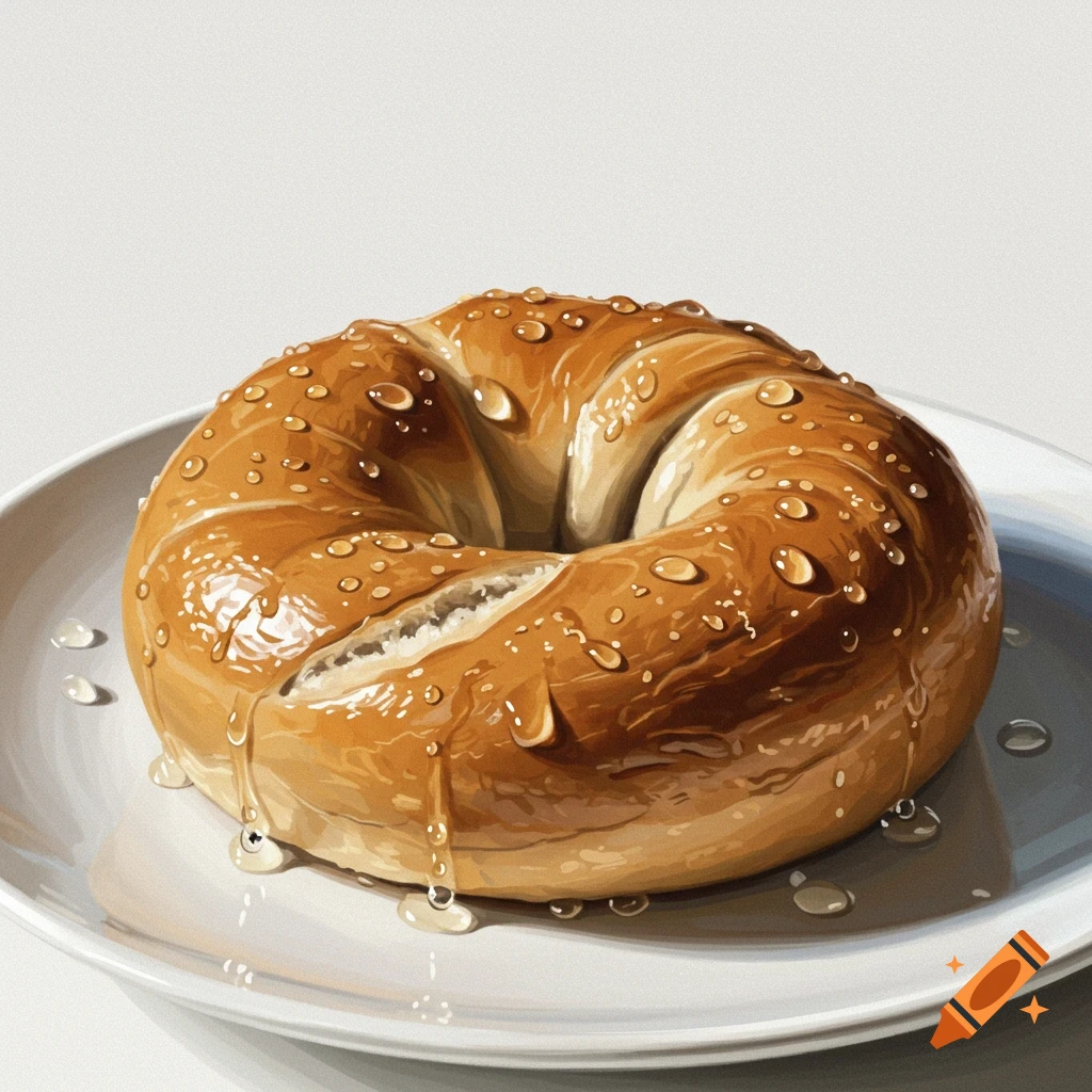 A bagel covered in water droplets on a white plate.