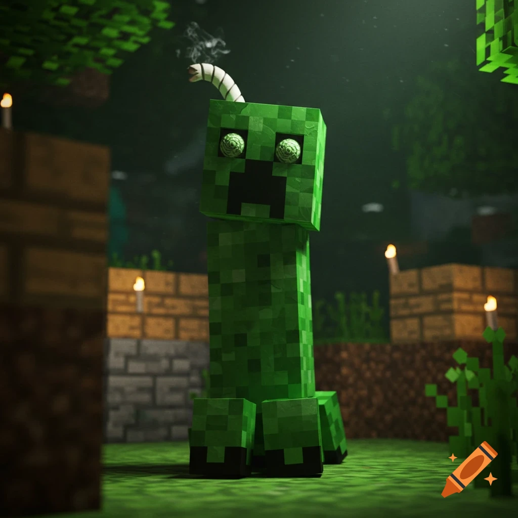 A Minecraft creeper with green blocky skin smokes something in a dim, torchlit Minecraft world.
