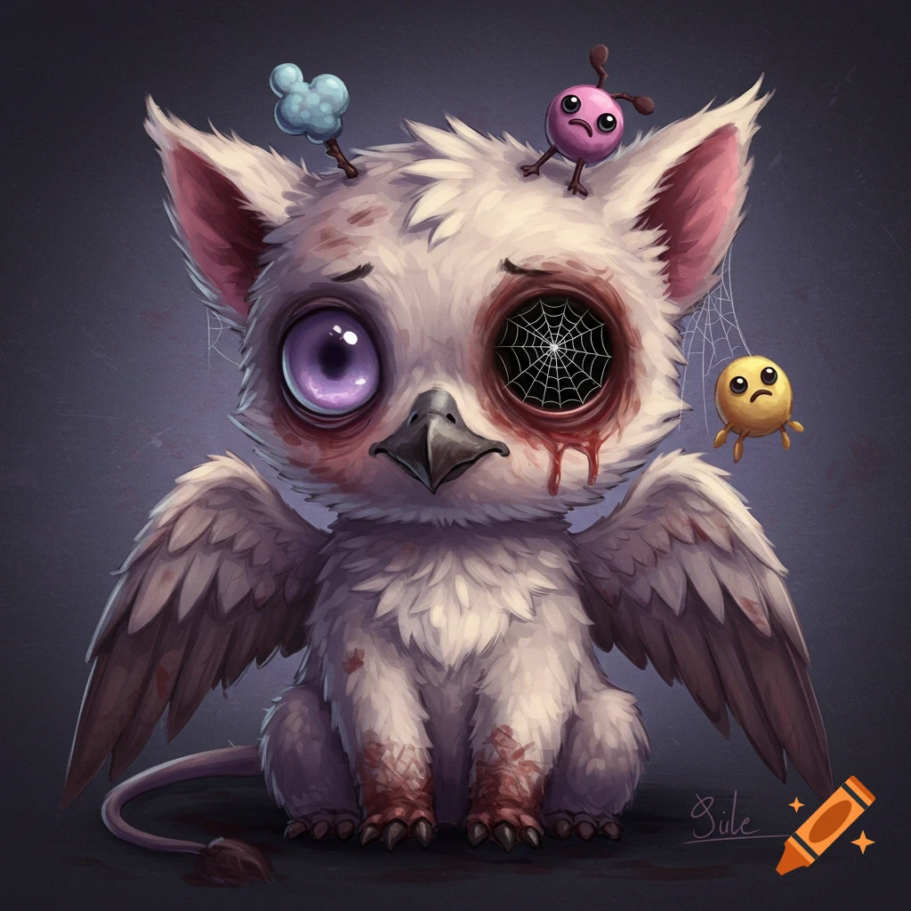 Cute but spooky griffin with a spiderweb eye and blood, surrounded by small creatures.