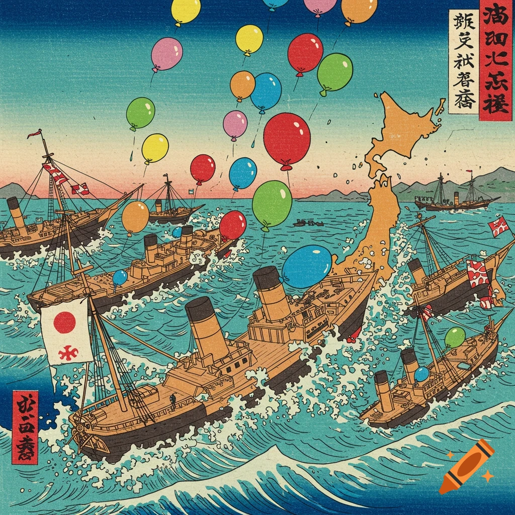 Ukiyo-e style print of ships on wavy water with colorful balloons floating above, and a map of Japan breaking apart.