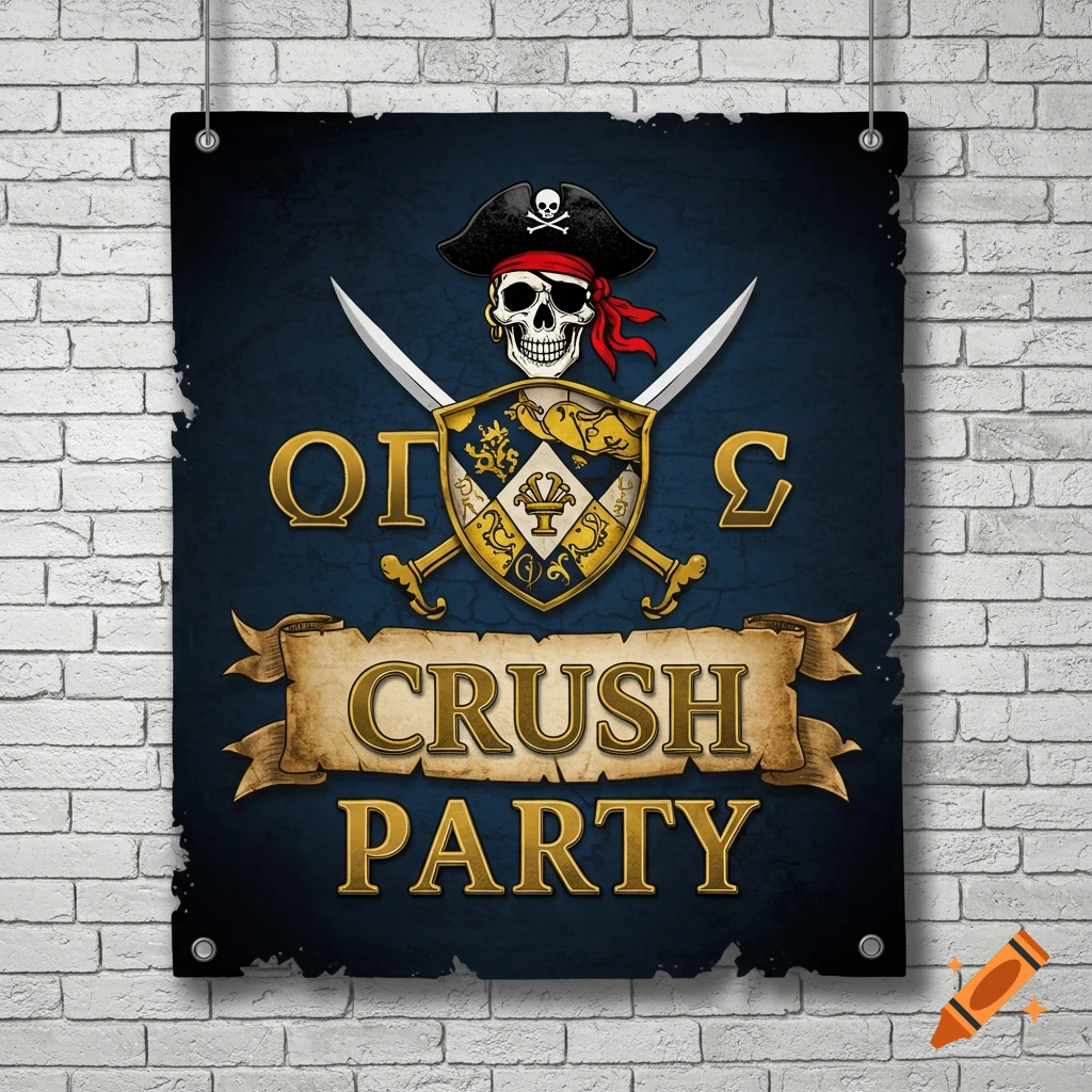 A pirate-themed banner featuring a skull, crossed swords, a shield, and the text CRUSH PARTY hangs on a brick wall.