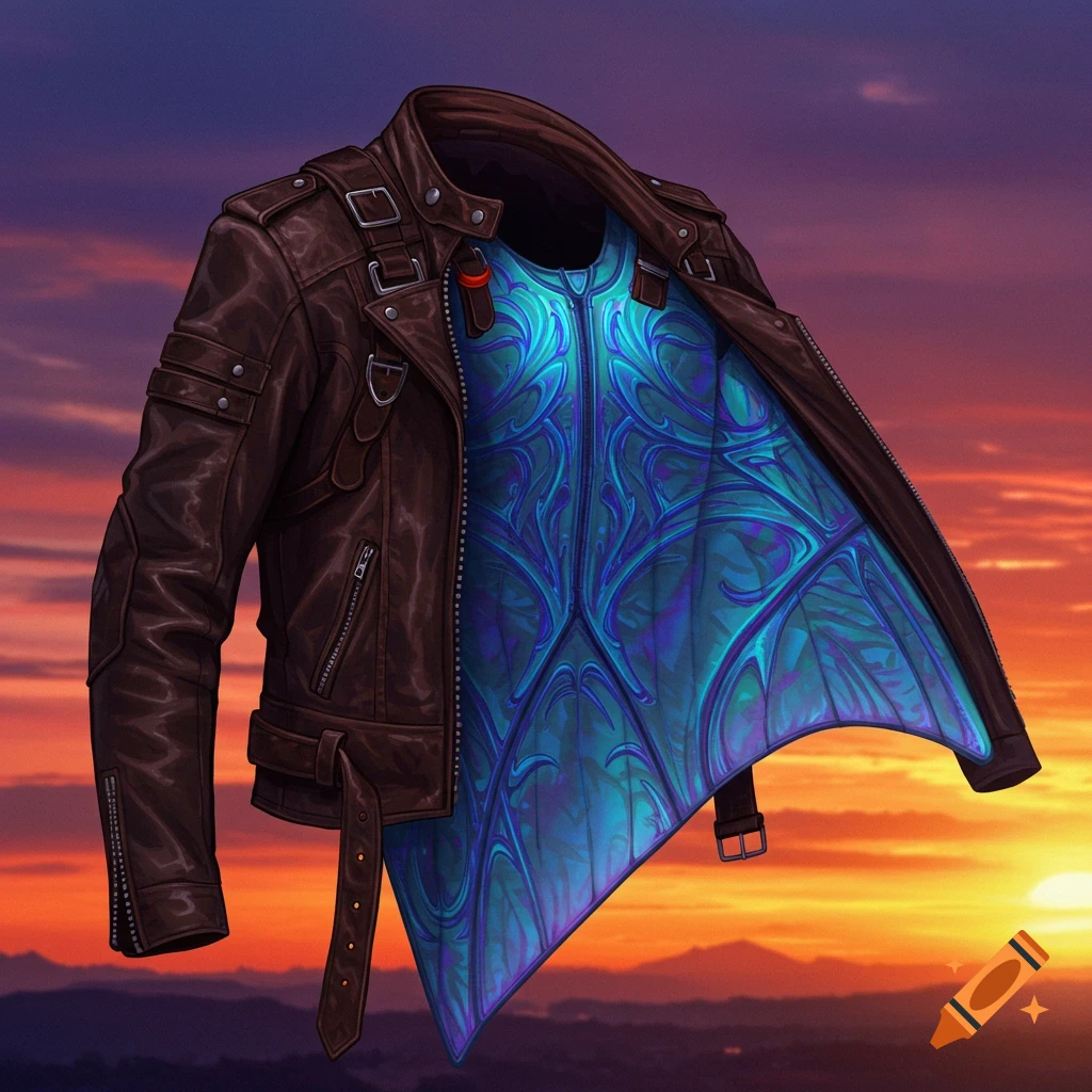 A brown leather jacket with an unfolding glowing blue and purple ornate wingsuit interior against a sunset landscape.