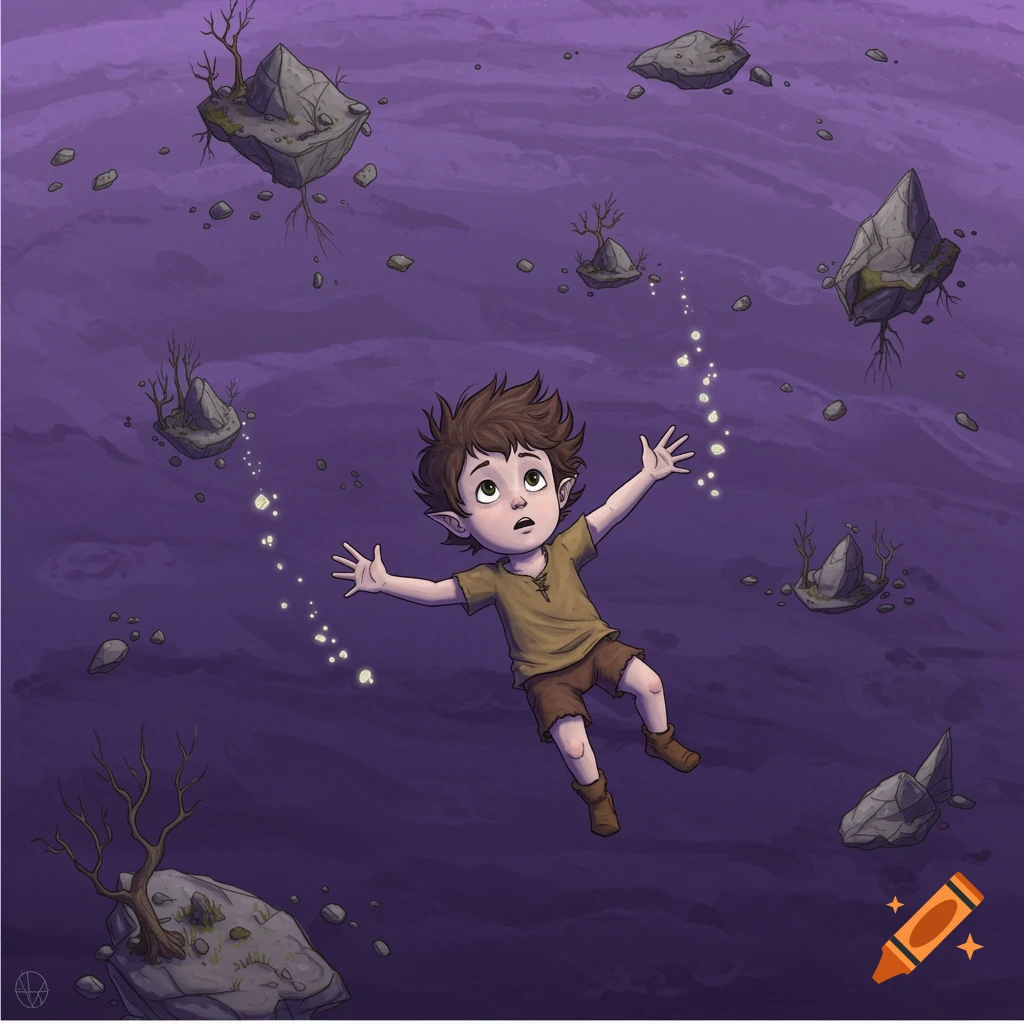 Young child floats in a purple void with floating islands.