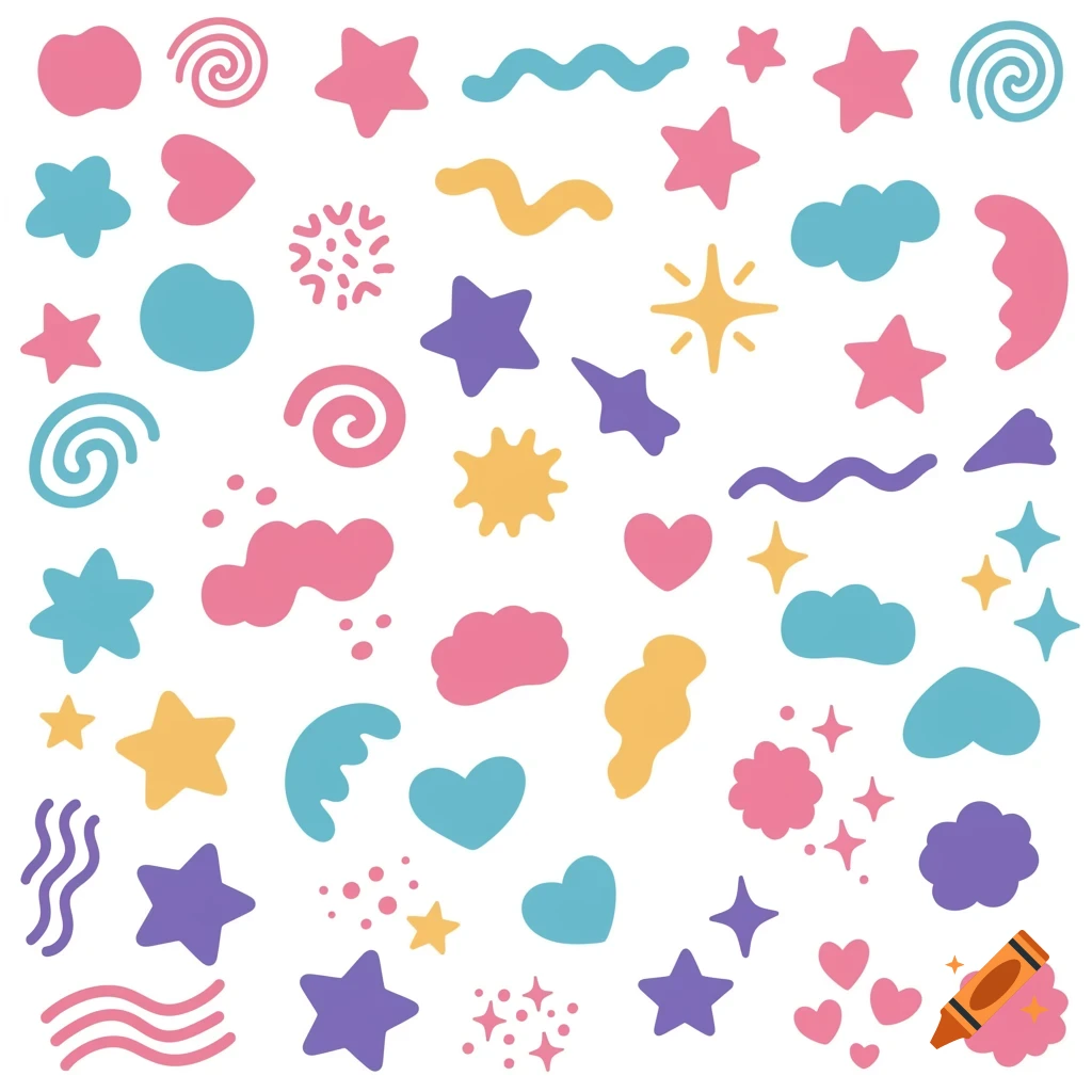 A variety of colorful shapes including stars, hearts, swirls, and clouds scattered on a white background.
