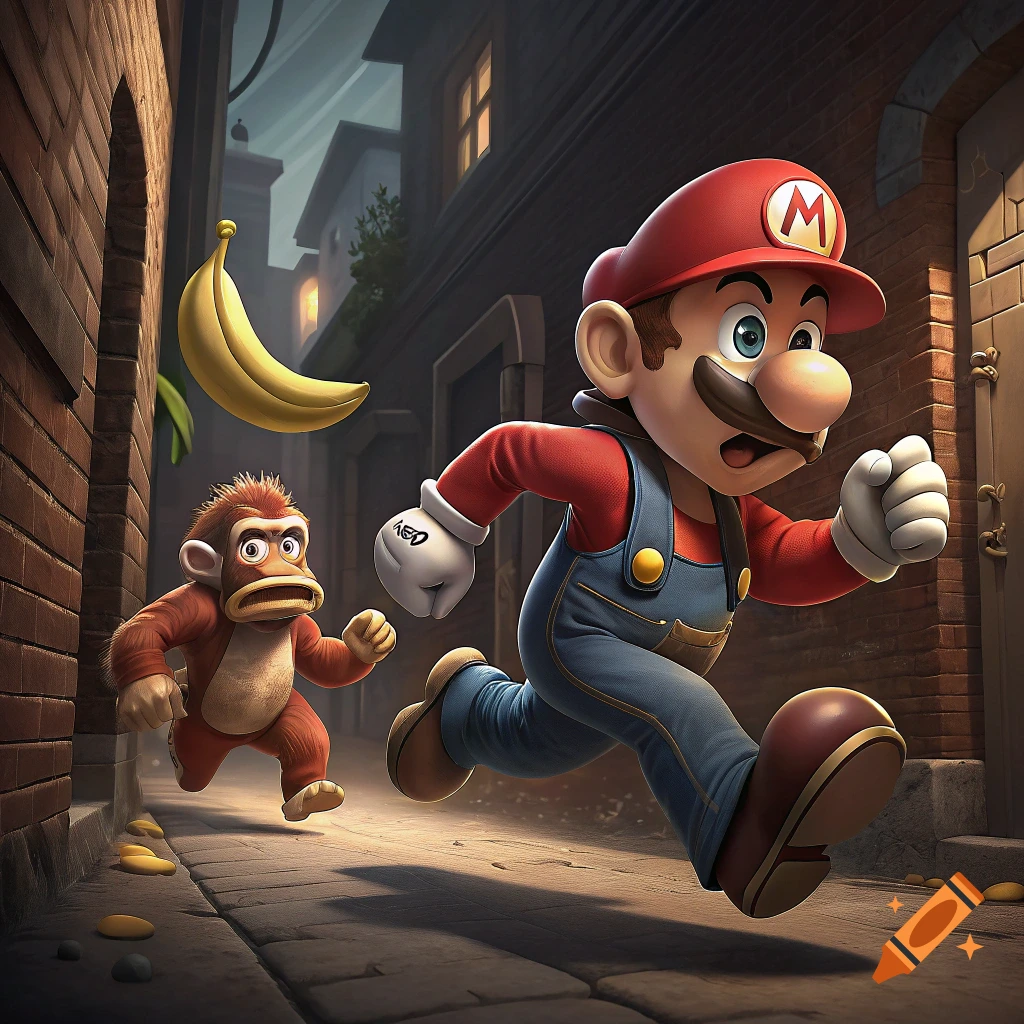Mario runs through a dark alleyway, chased by a small monkey. A large banana floats overhead.