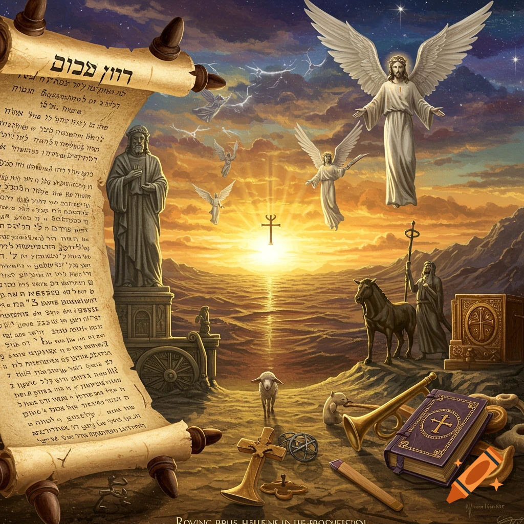 Angels descend from a dramatic sky over a landscape filled with religious symbols, including a large scroll, cross, book, trumpet, and figures.