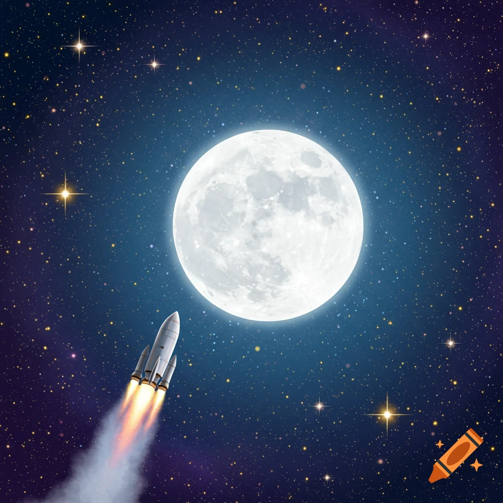 A rocket flying towards a large full moon in a starry dark blue sky.