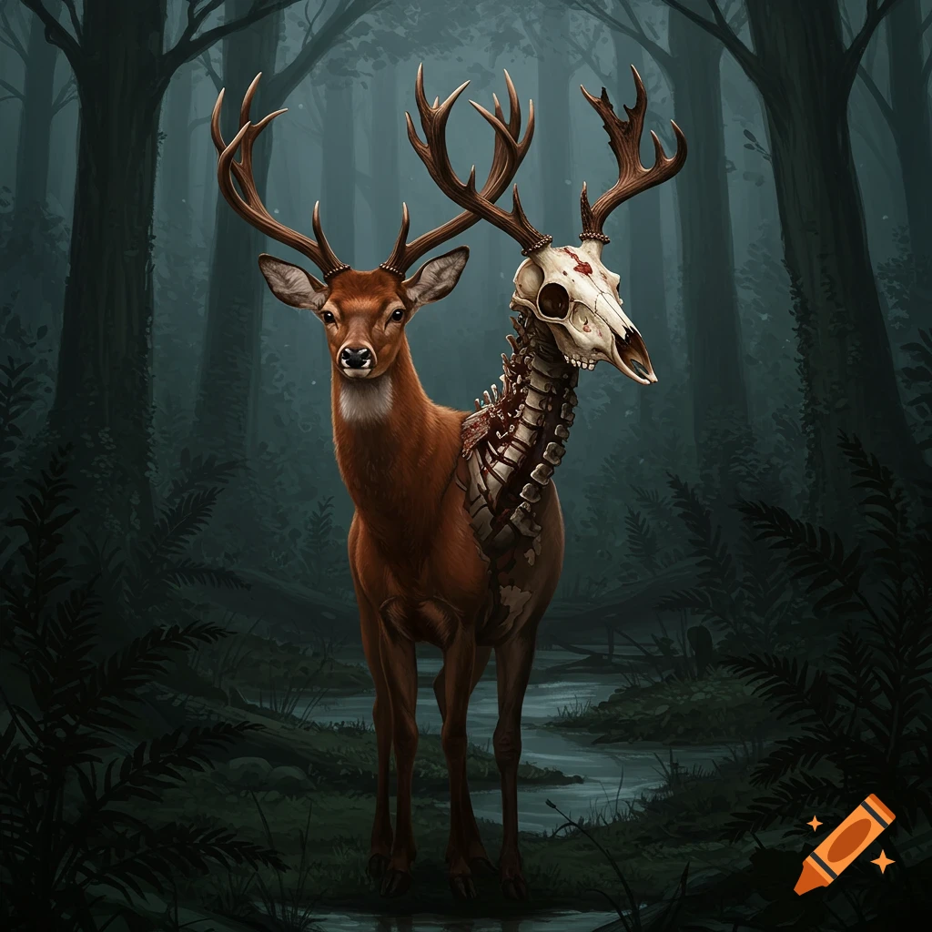 Two-headed stag, one side skeletonized, standing in a dark forest.