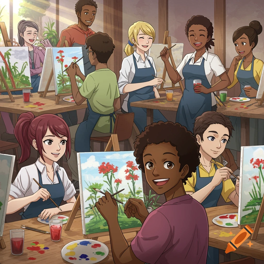 Anime style illustration of people painting in an art class setting, smiling and working on their canvases.
