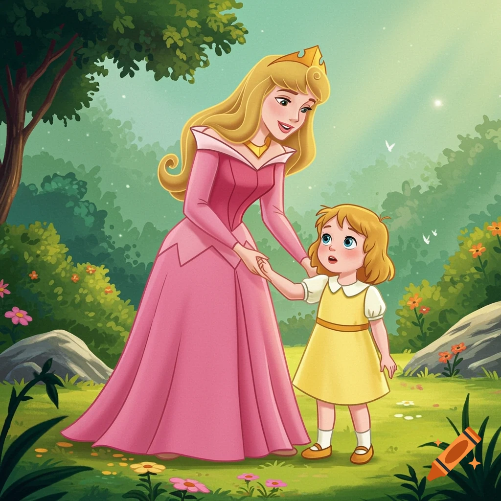 Princess Aurora holds hands with a young girl in a sunlit forest clearing, depicted in a vibrant cartoon style.