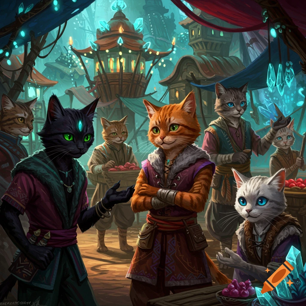 Anthropomorphic cats in a fantasy marketplace.