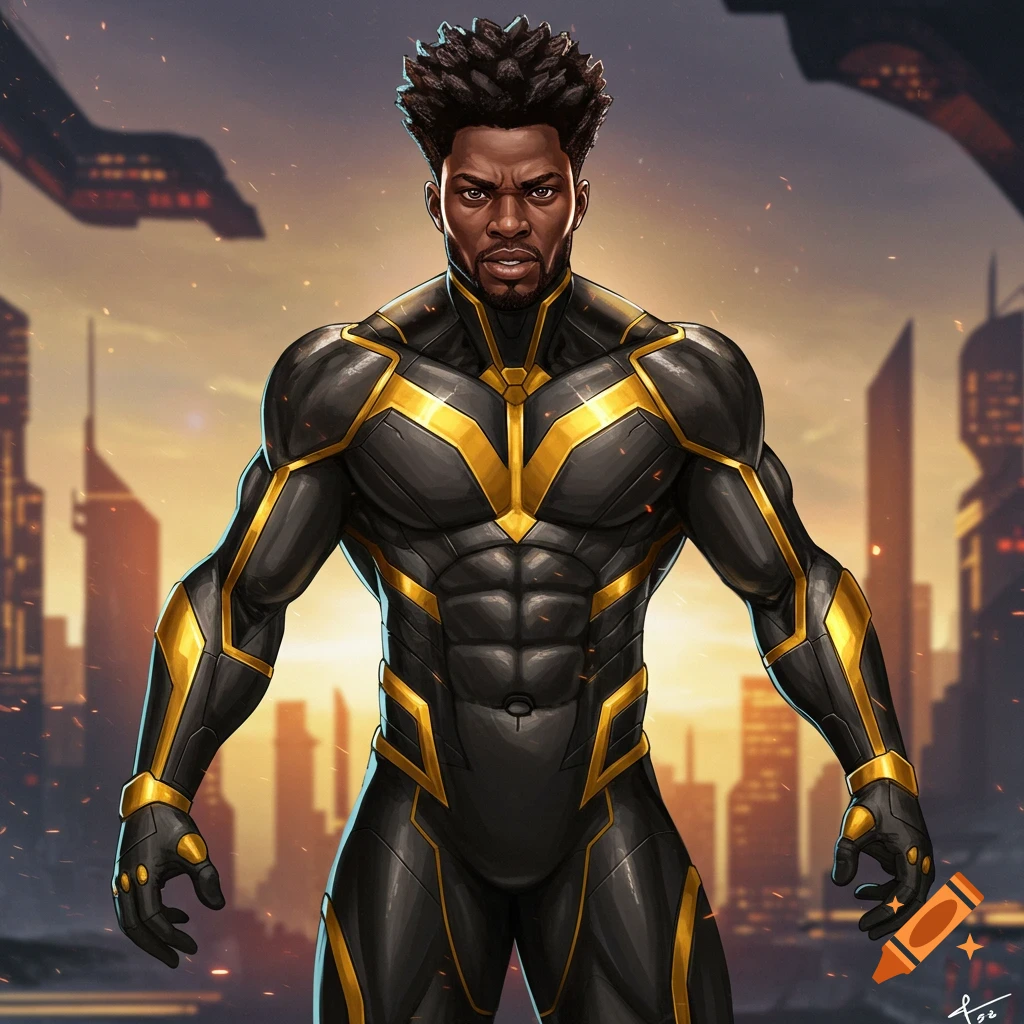A muscular African American superhero in a black and gold suit stands against a city sunset.