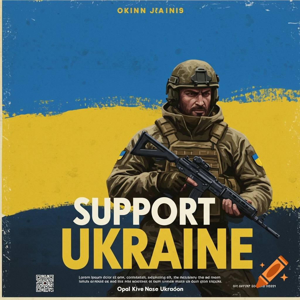 A Ukrainian soldier stands in front of a blue and yellow flag background, with the text 'SUPPORT UKRAINE'.