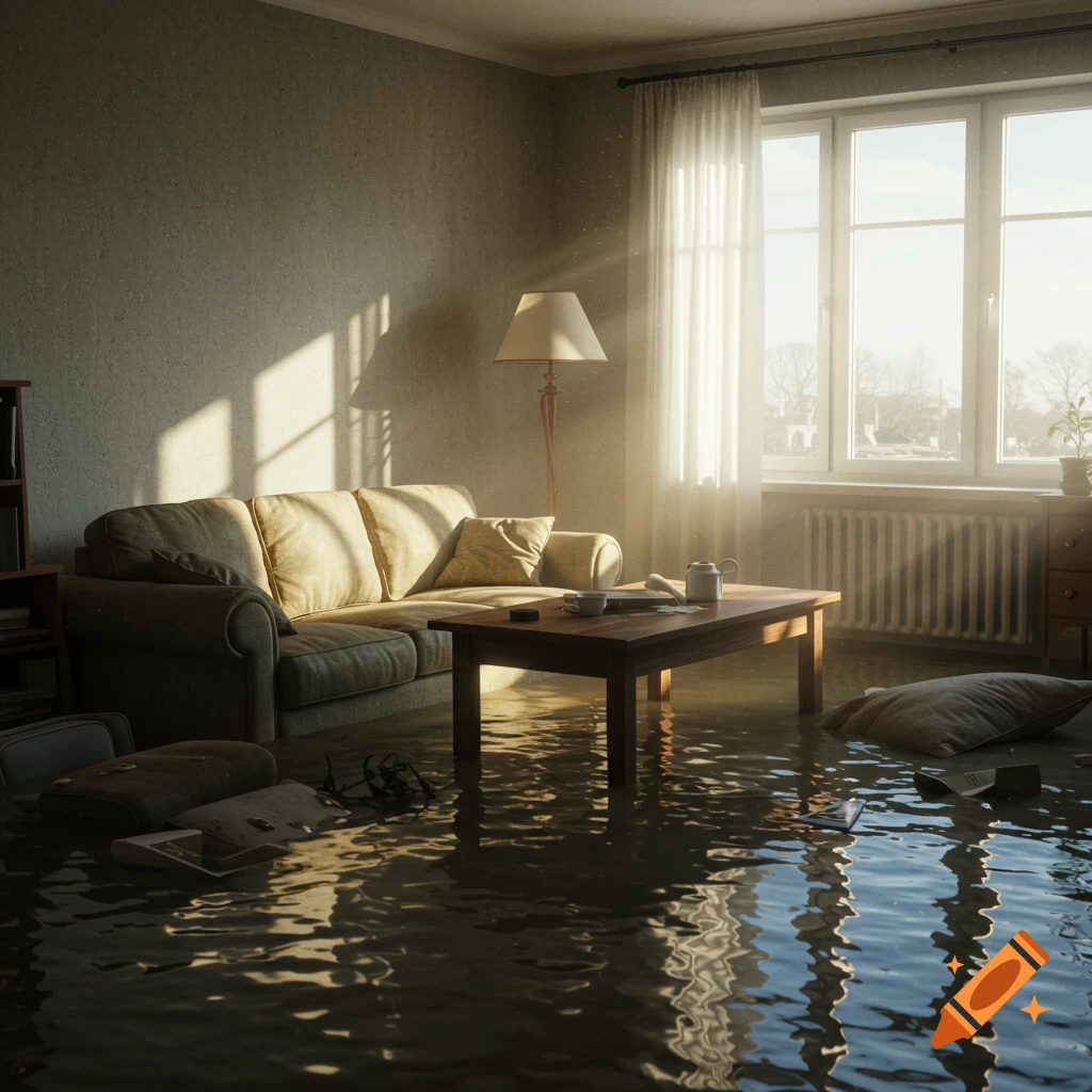 A living room is flooded with water covering the floor. Sunlight streams through a large window onto a couch and coffee table.