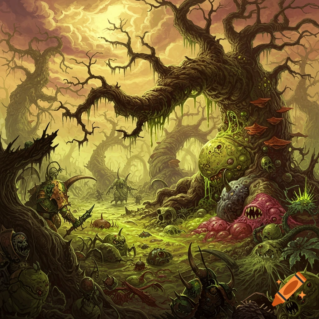 A dark fantasy illustration of a grotesque swamp forest with mutated creatures, skulls, and decaying trees.