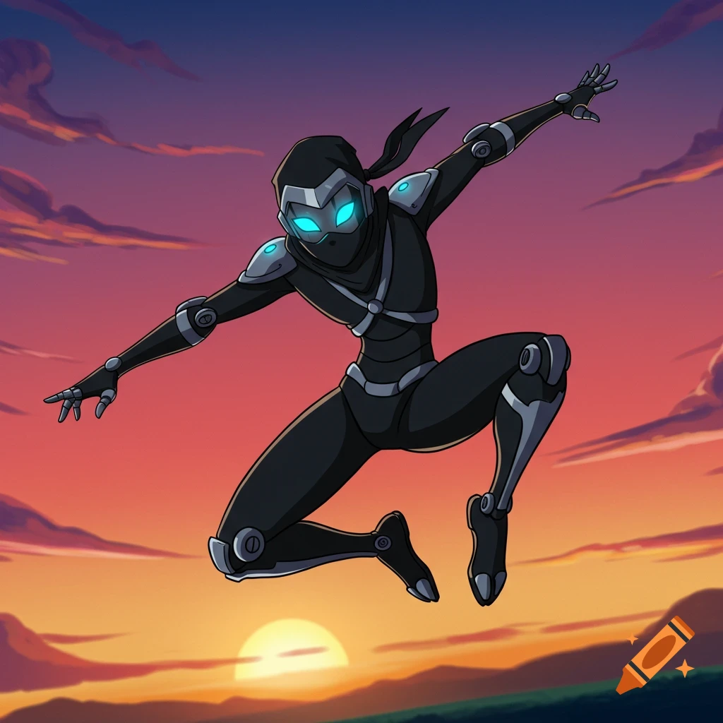 Futuristic ninja android character leaping against a sunset sky, in anime style.