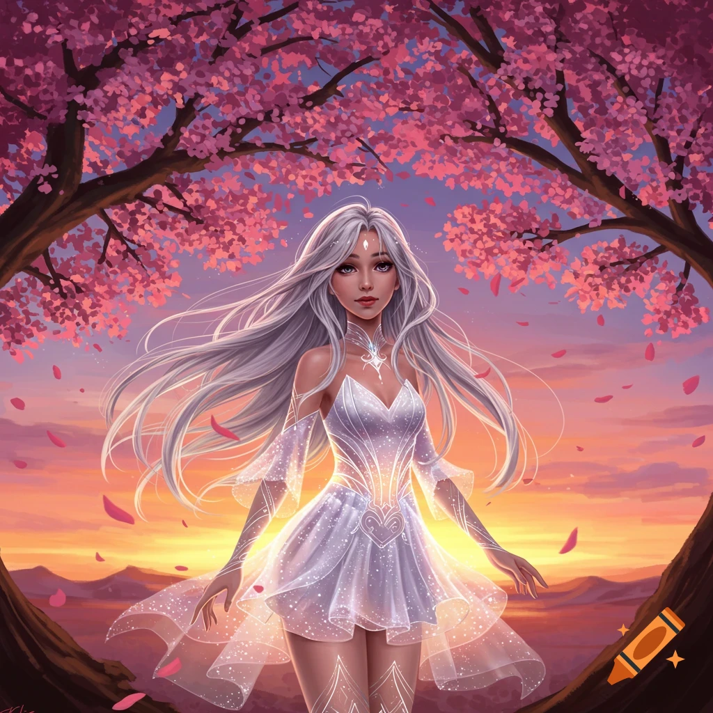A fantasy woman with silver hair stands under cherry blossom trees at sunset.