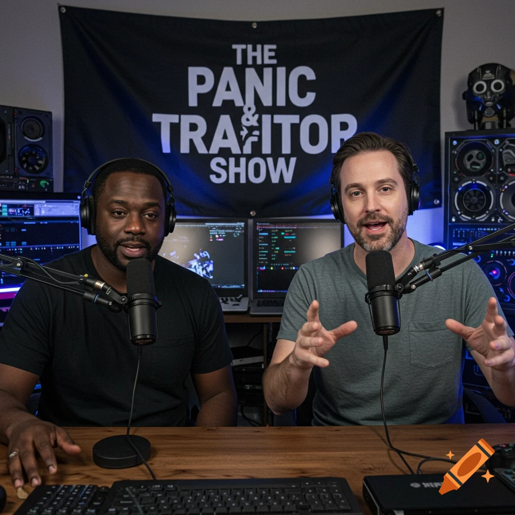 Two men hosting a podcast with microphones and computer equipment in a studio, with a banner behind them.