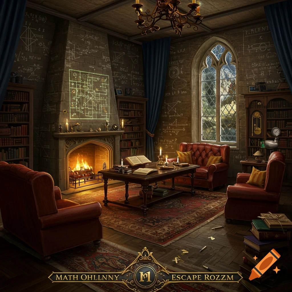 A gothic study or library room with bookshelves, leather chairs, a fireplace, and walls covered in mathematical formulas and diagrams.