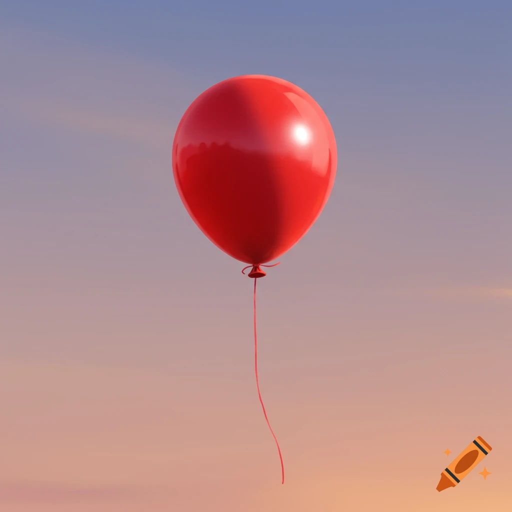 A red balloon floats in a sky with a gradient of blue and orange.
