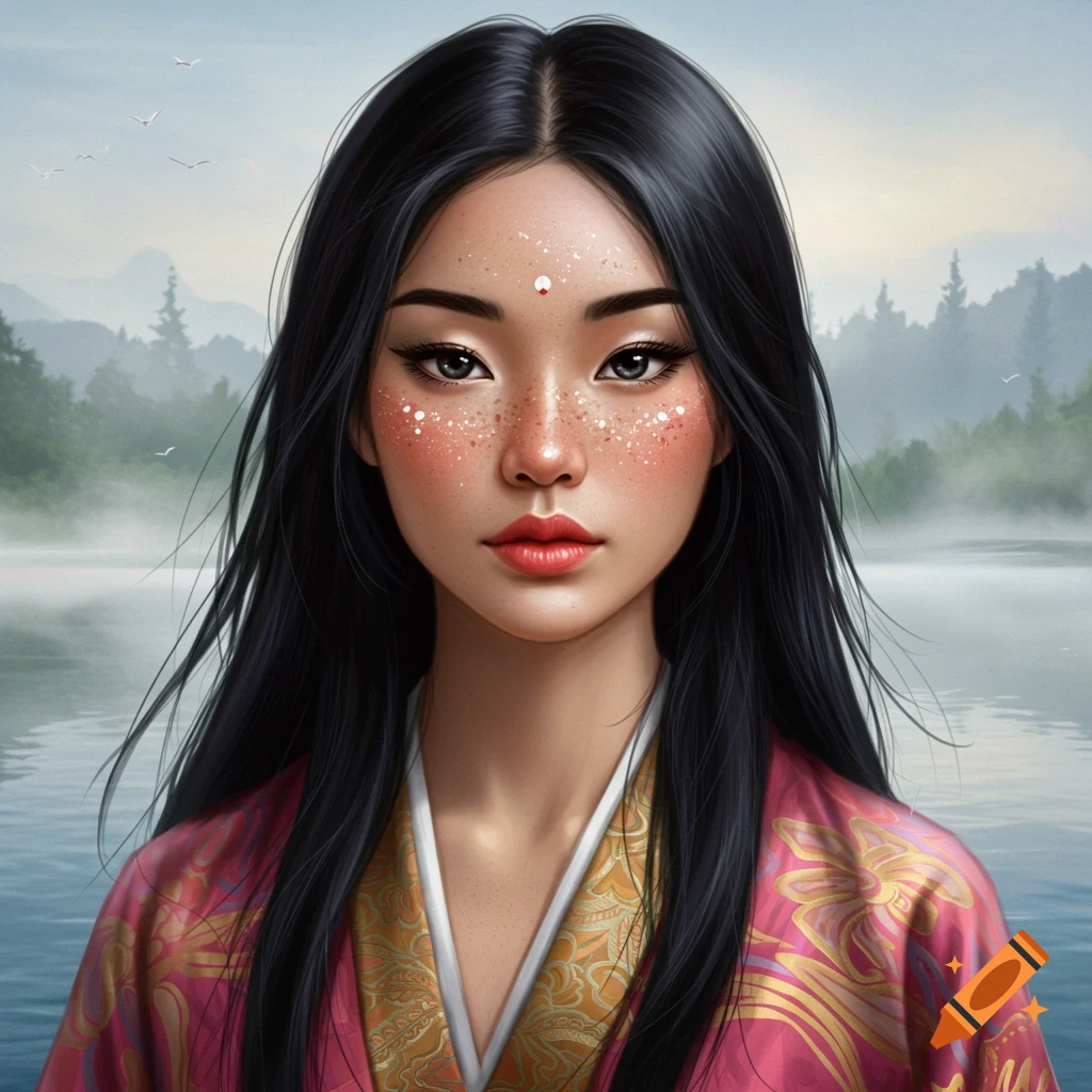 A woman with long dark hair, freckles, and a red bindi, wearing a pink and gold garment, by a misty lake.