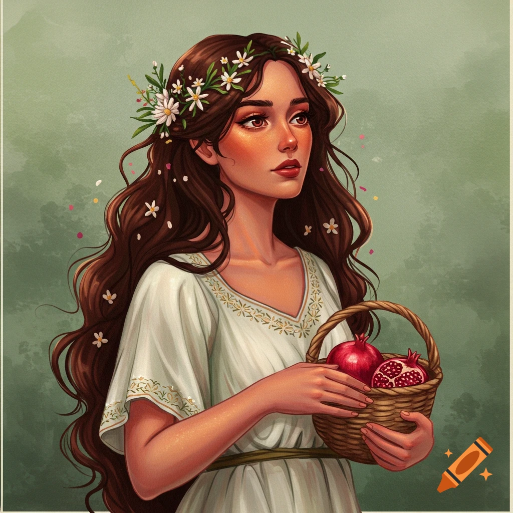 A woman with long brown hair and a flower crown holding a basket of pomegranates.