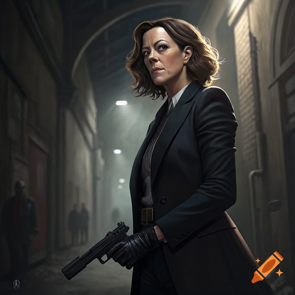 A woman in a black suit holds a handgun in a dark, shadowy alley.