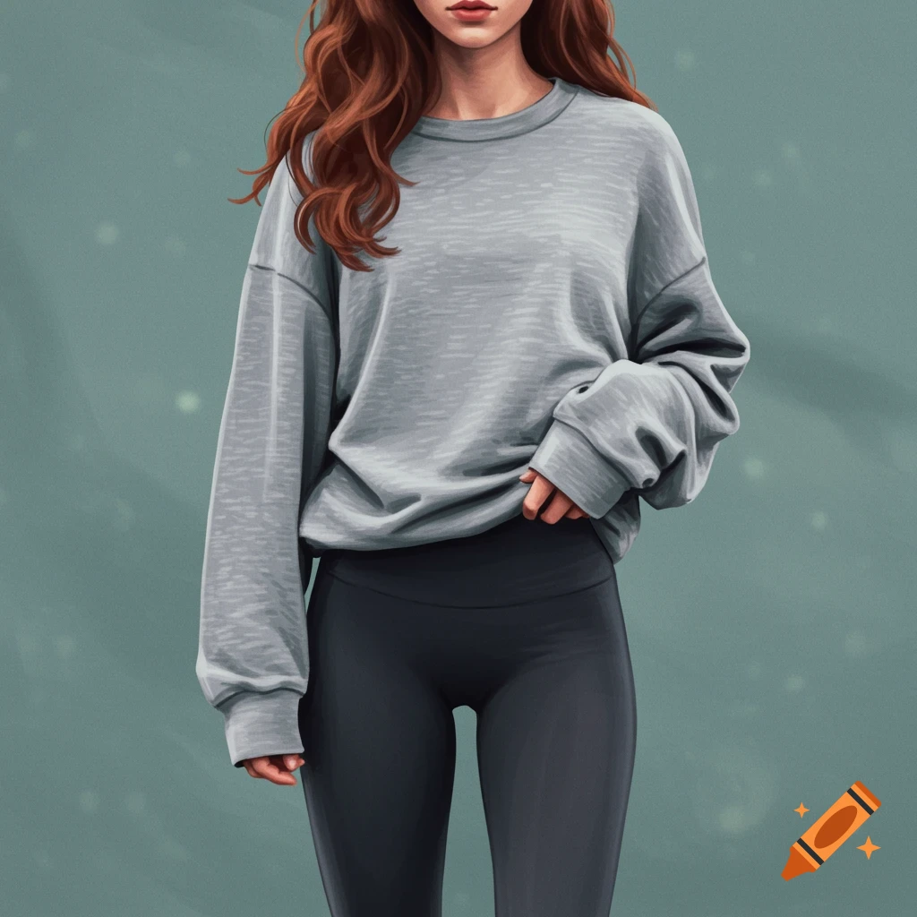 A woman in a grey sweatshirt and dark grey leggings against a teal background.
