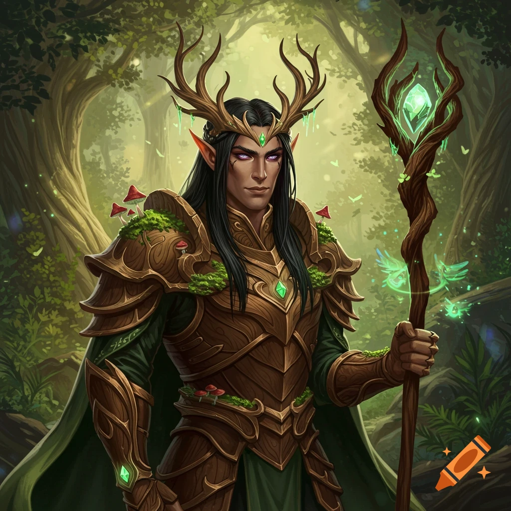A wood elf prince in ornate druid armor with antlers holds a staff in a forest.