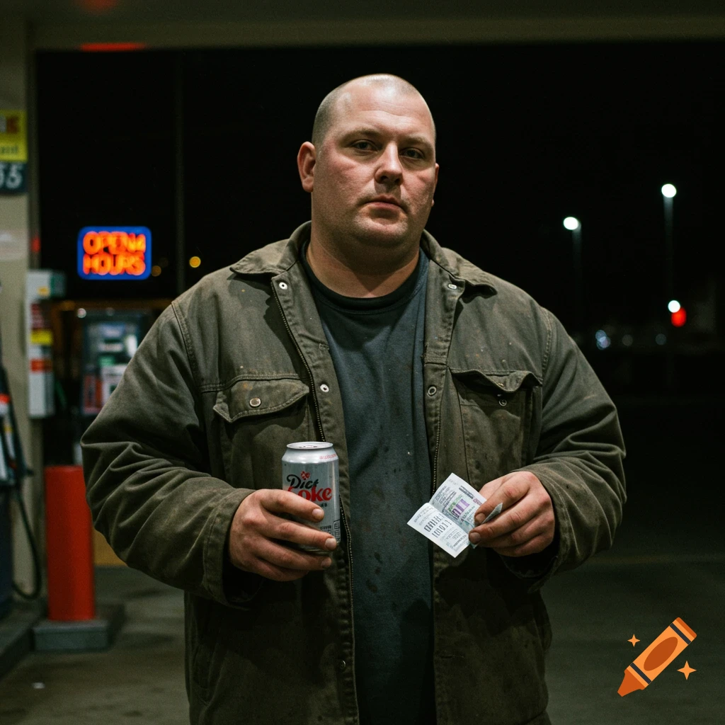 A bald man holds a Diet Coke and lottery ticket at a gas station at night.