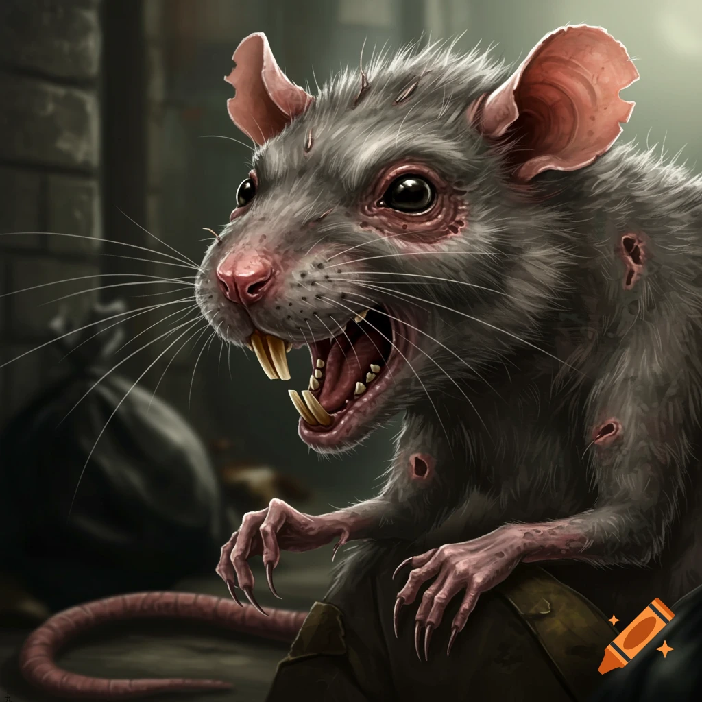 A menacing, mangy rat with bared teeth in a dark alley.