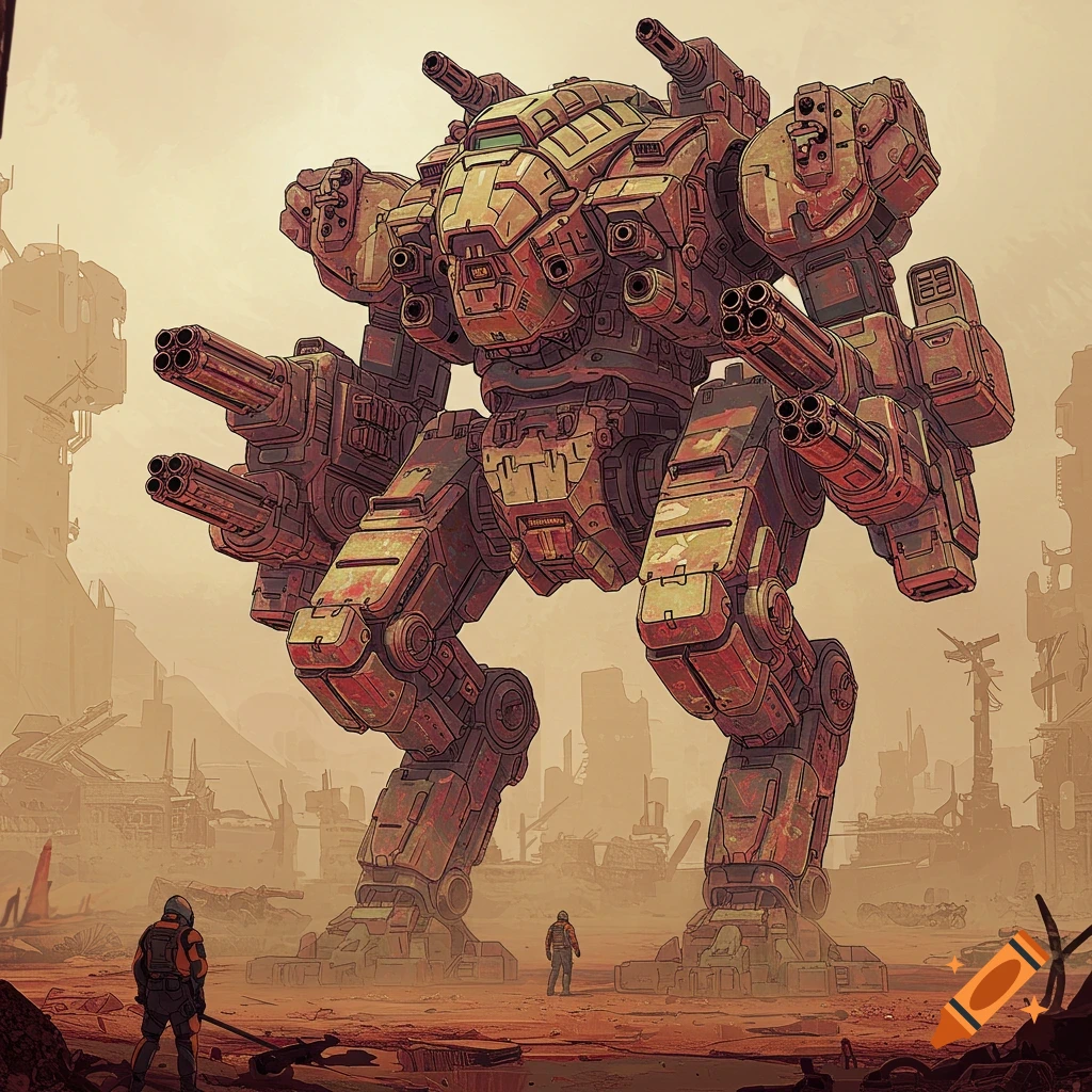 Giant futuristic mech standing in the ruins of a city with small figures below.